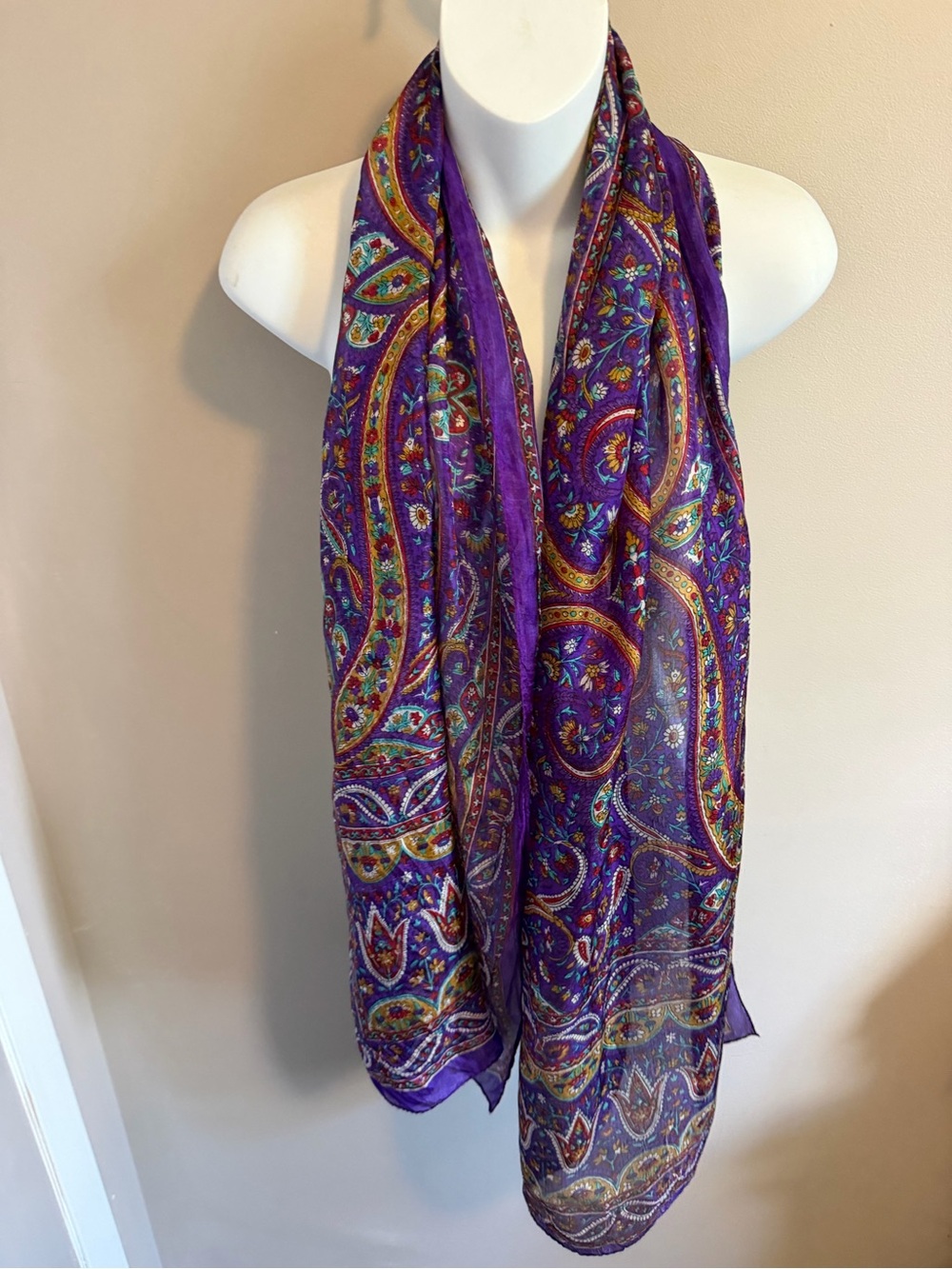Vintage Pure Silk Paisley Floral Sheer Long Scarf Wrap Purple OS
